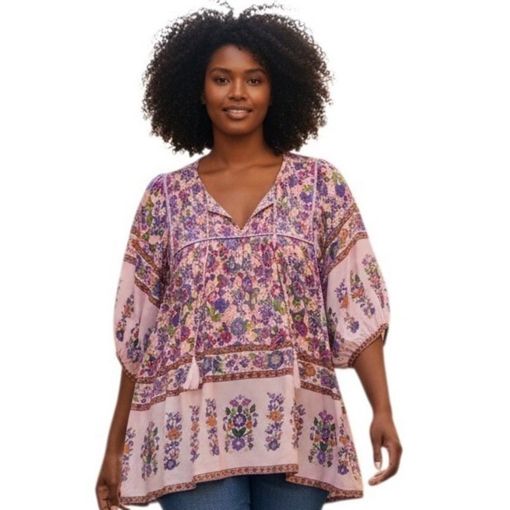 Umgee Cottagecore Peasant Boho Women size Large Floral Garden Smocked Tassel Top